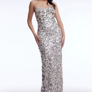 Dress the Population Silver Sequin Strapless Maxi Gown NWOT